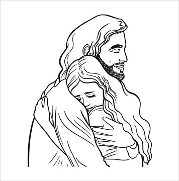 Watercolor illustration. Jesus and little girl,  child on white background. For cards, Easter, christening