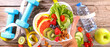 Leinwandbild Motiv active sport fruit on plate- healthy eating concept
