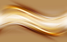 Gold Wave Flow And Golden Glitter Lines On Brown Background. Abstract Shiny Color Gold Wave Luxury Rich Invitation Background. Luxury Gold Flow Wallpaper Web Design.