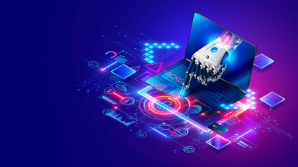 Fototapete - Computer bot hacks firewall on laptop. Cybersecurity, antivirus, personal data protection. Remote computer administration system. Artificial intelligence, AI protects data on PC. Cyber safety concept.