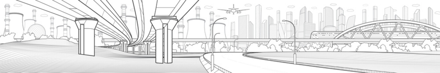 Wall Mural - Higway overpass. Train rides on bridge. Cityscape infrastructure industrial illustration panorama. Illumination city road. Modern town. Urban life. Black outlines on white background. Vector design