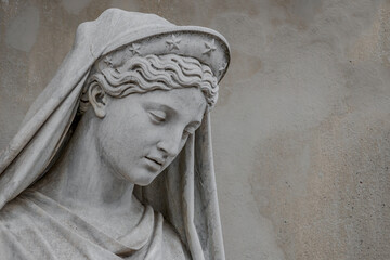 Old statue of sensual Italian Renaissance Era beautiful woman in Potsdam historic downtown, city park, Germany, details, closeup.