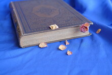 Old Vintage Book And Rose. Dried Rose Lying In An Antique Book. The Concept Of Antiquity And Vintage