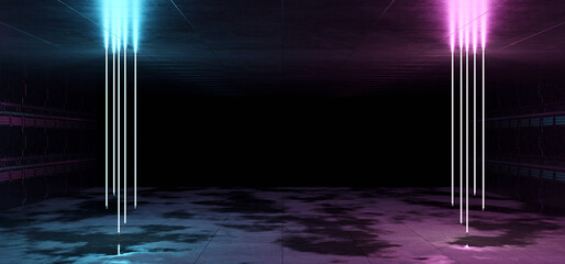 Aufkleber - Futuristic neon lights interior. Cyber neon laser tubes in garage room hangar with sci fi glowing blue and pink elements. Dark tunnel warehouse with wet cement floor 3d Rendering