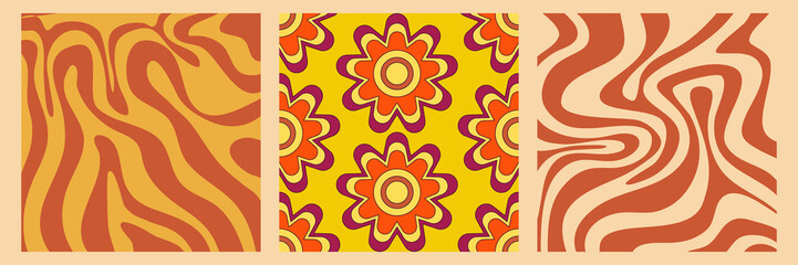 Wall Mural - groovy y2k retro pattern with flower and swirl 70s background. daisy flower design. abstract trendy 