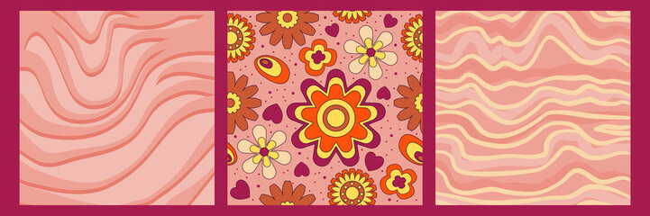 Wall Mural - Groovy y2k retro pattern with flower and swirl 70s background. Daisy flower design. Abstract trendy colorful print. Vector illustration graphic. Vintage print. Psychedelic wallpaper.