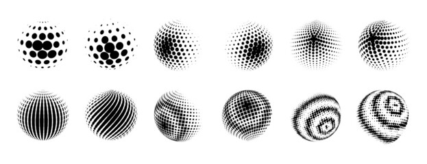 Sticker - Set of halftone volumetric spheres. Collection of 3d spheres. Halftone design elements. Vector illustration.