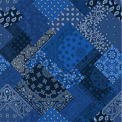 Wall Mural - blue diagonal paisley bandana fabric patchwork abstract vector seamless pattern