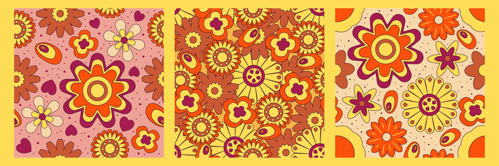 Wall Mural - Groovy y2k retro pattern with flower and swirl 70s background. Daisy flower design. Abstract trendy colorful print. Vector illustration graphic. Vintage print. Psychedelic wallpaper.