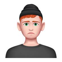 Sad Boy In Hat. Creative 3D Avatar. Vector Illustration