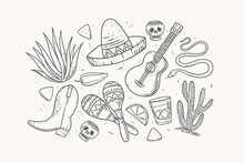 Large Set Of Traditional Mexican Symbols In Linear Style. Drawn Agave, Guitar, Sombrero, Maracas, Cactus, Skull, Snake, Boot, Glass, Pepper. Vector Illustration On An Isolated Background.