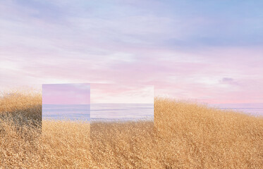 Fototapete - Natural summer beach scene with a podium for product display. 3d rendering.
