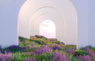 Leinwandbilder - Natural beauty podium backdrop with lavender field. 3d rendering. 