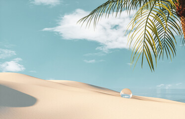 Fototapete - Natural summer beach scene with a podium for product display. 3d rendering.