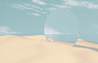 Fototapete - Natural summer beach scene with a podium for product display. 3d rendering.