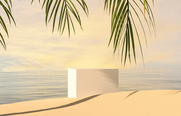 Fototapete - Natural summer beach scene with a podium for product display. 3d rendering.