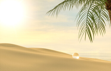 Fototapete - Natural summer beach scene with a podium for product display. 3d rendering.