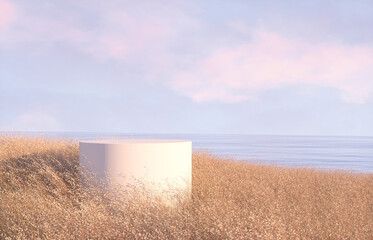Fototapete - Natural summer beach scene with a podium for product display. 3d rendering.