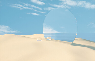 Fototapete - Natural summer beach scene with a podium for product display. 3d rendering.