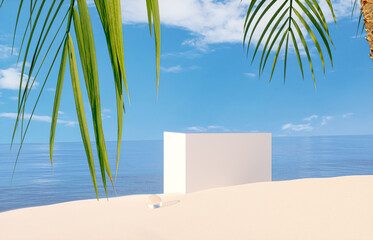 Fototapete - Natural summer beach scene with a podium for product display. 3d rendering.