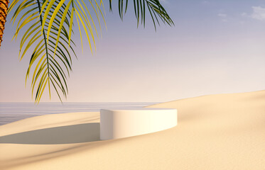 Fototapete - Natural summer beach scene with a podium for product display. 3d rendering.