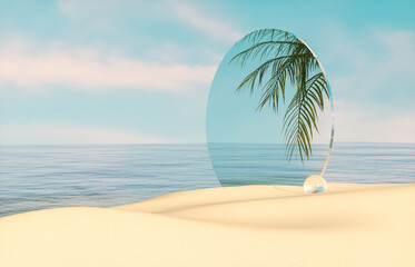 Fototapete - Natural summer beach scene with a podium for product display. 3d rendering.