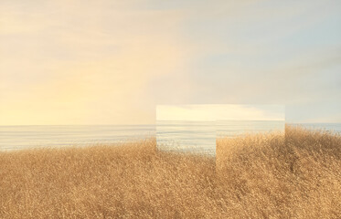 Fototapete - Natural summer beach scene with a podium for product display. 3d rendering.