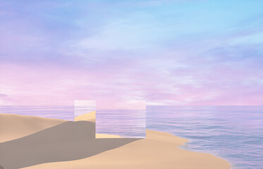 Fototapete - Natural summer beach scene with a podium for product display. 3d rendering.
