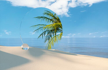 Fototapete - Natural summer beach scene with a podium for product display. 3d rendering.