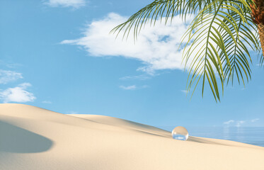 Fototapete - Natural summer beach scene with a podium for product display. 3d rendering.