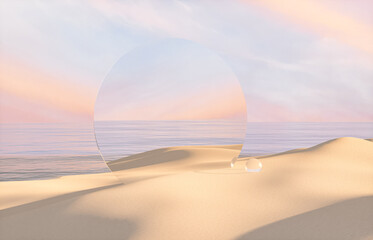 Fototapete - Natural summer beach scene with a podium for product display. 3d rendering.