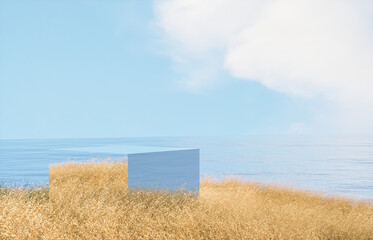 Fototapete - Natural summer beach scene with a podium for product display. 3d rendering.