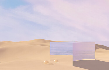 Fototapete - Natural summer beach scene with a podium for product display. 3d rendering.