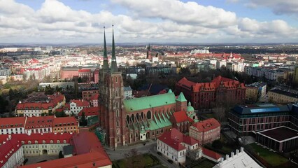 Wall Mural - Aerial panorama of Wroclaw city with Tumski island in Poland, Urban cityscape with historical european architecture