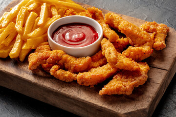 Chicken tenders, breaded nuggets, with a bbq dip and French fries, on a black background