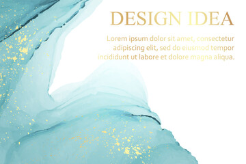 Modern watercolor background or elegant card design or wallpaper or poster with abstract teal ink waves and golden splashes.