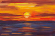 Sunset sea. Colorful painted illustration. The author's gouache painting. Evening atmospheric background for the design. Layout for creative design of postcards, notebooks. Summer vacation concept