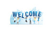 Vector happy, joyful people, company of friends jumping, holding big letters of word welcome in confetti for web page. Greeting to site on Internet for users and visitors.