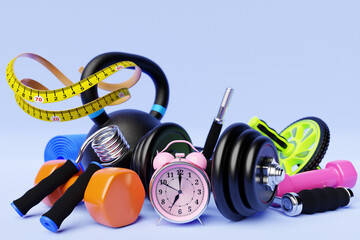 Canvas Print - 3D illustration, iron arm expander or resistance band, fitness elastic bands, dumbbells, alarm clock on a blue background. 