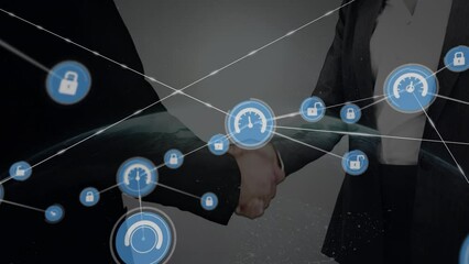 Wall Mural - Animation of network of connections with icons over midsection of businesspeople shaking hands