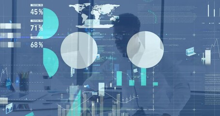 Sticker - Animation of financial data and graphs over african american businessman in office