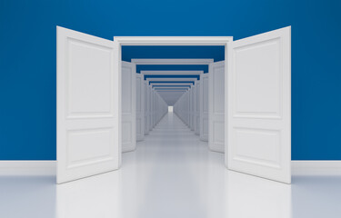 Empty blue room architectural interior with infinite open doors, endless corridor of doorway, walkaway, illustration 3d render