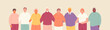 Group of happy hugging smiling elderly people. Friendship and support, volunteering vector illustration