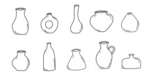 Set Of Hand Drawn Line Art Vases And Pots. Doodle Clay Pottery Collection. Isolated Vector Illustration 