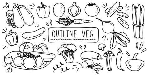 Wall Mural - Variable fresh food healthy vegetables. Outline veg doodle hand drawing icon line sketch