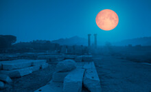 The Temple Of Artemis, Sardes (Sardis) Ancient City With Full Moon Rising At Night  - Manisa, Turkey "Elements Of This Image Furnished By NASA"