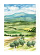 Watercolor Tuscany landscape. Italian hills background, card, invitation