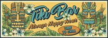 Tiki Mask Surfing Summer Bar Poster. Tropical Leaves, Hawaiian Vibes