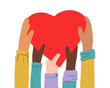 Hands with different skin colors holding a red heart. Friendship and love of nationalities, the concept of international community. flat vector