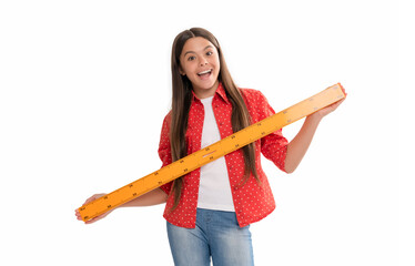 Poster - amazed child hold ruler study algebra at school isolated on white, back to school